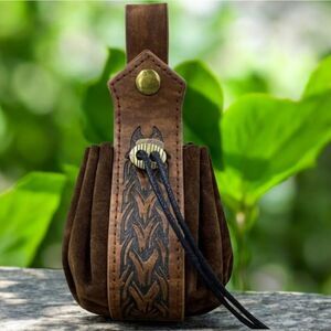 Medieval Renaissance Belt Pouch Brown Faux Leather Purse Drawstring Bag Unisex